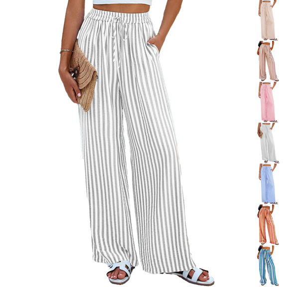 Womens Striped Wide Leg Pants Summer Boho Palazzo Pants Causal Elastic High Waist Long Lounge Trousers with Pockets White M