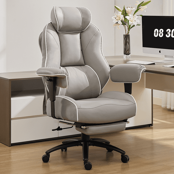 DJ·Wang Big and Tall Office Chair with Footrest, High Back PU Leather, Lumbar Support, 135° Recline, Gray