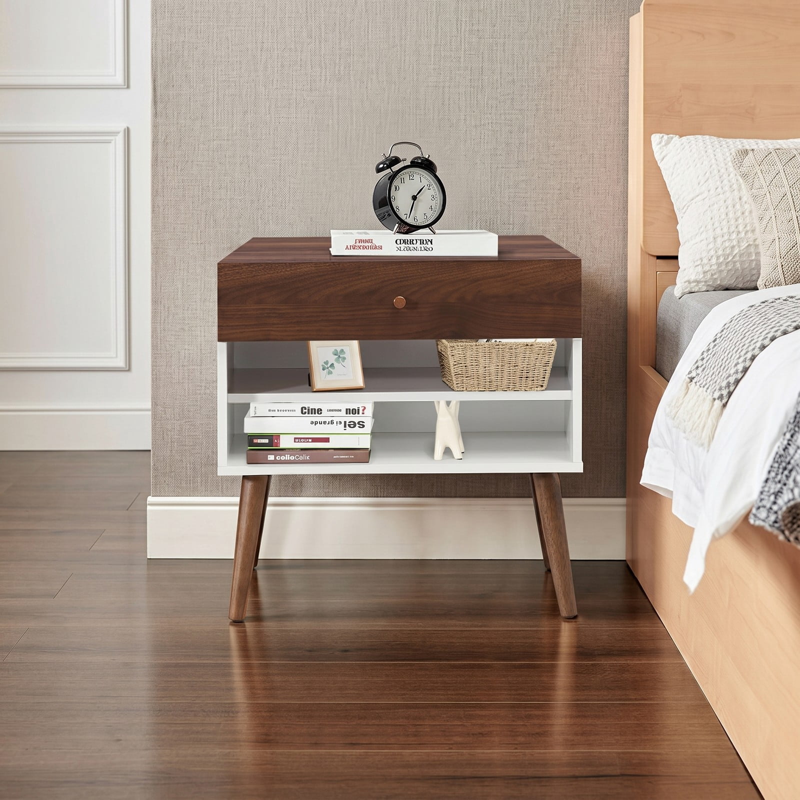 Furnibear Mid Century Nightstand with Drawer and Open Shelf and Rubber Wood Legs for Bedside Storage in the Bedroom, Walnut and White