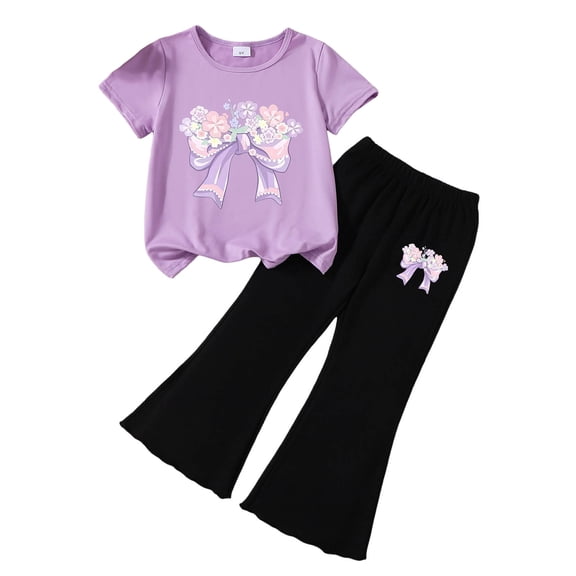 Girl 5t Pants Set Girl's 2 Piece Summer Outfits Print Clothing Set Cute Bow Graphic Tee and Flare Bell Bottom Pants,O