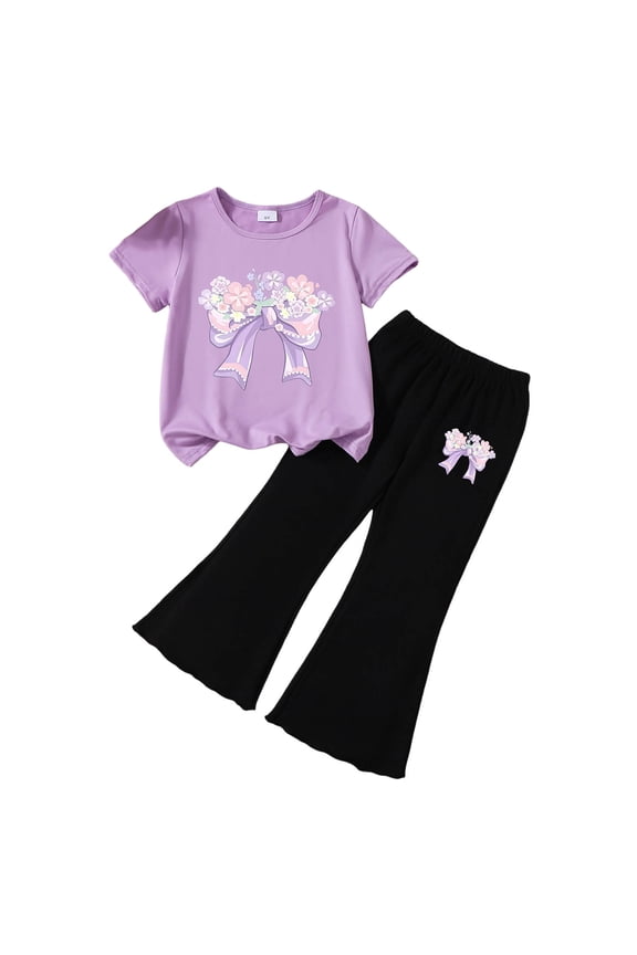 Girl 5t Pants Set Girl's 2 Piece Summer Outfits Print Clothing Set Cute Bow Graphic Tee and Flare Bell Bottom Pants,O