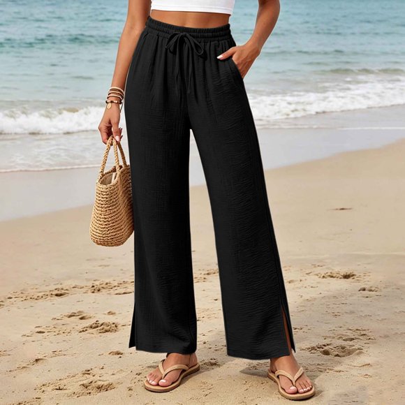 Zulora Pantalon en Soie Glacée pour Femmes à Taille Haute avec Cordon, Fente, Jambe Grand, avec Poches, Pantalon Décontracté d'Été pour la Plage