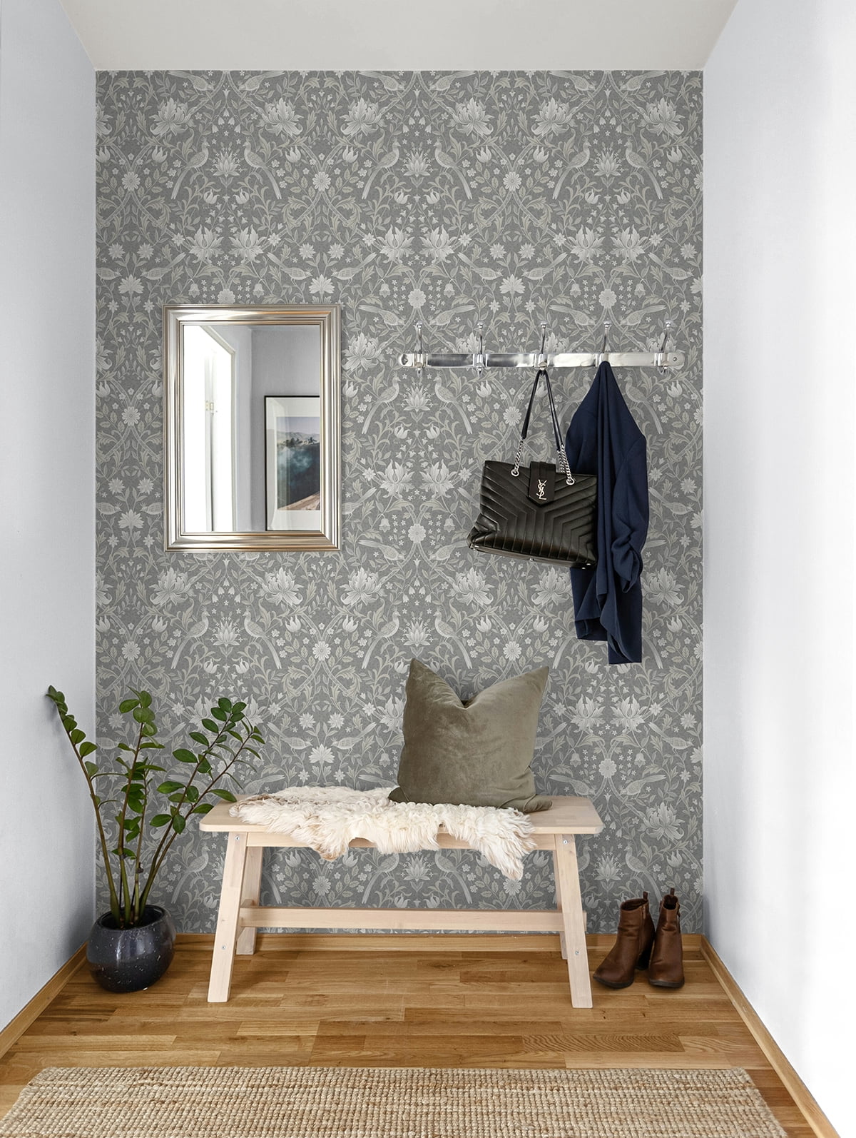 NextWall Grey Vintage Bird Ogee Peel and Stick Wallpaper - 20.5 in. W x 18 ft. L Roll