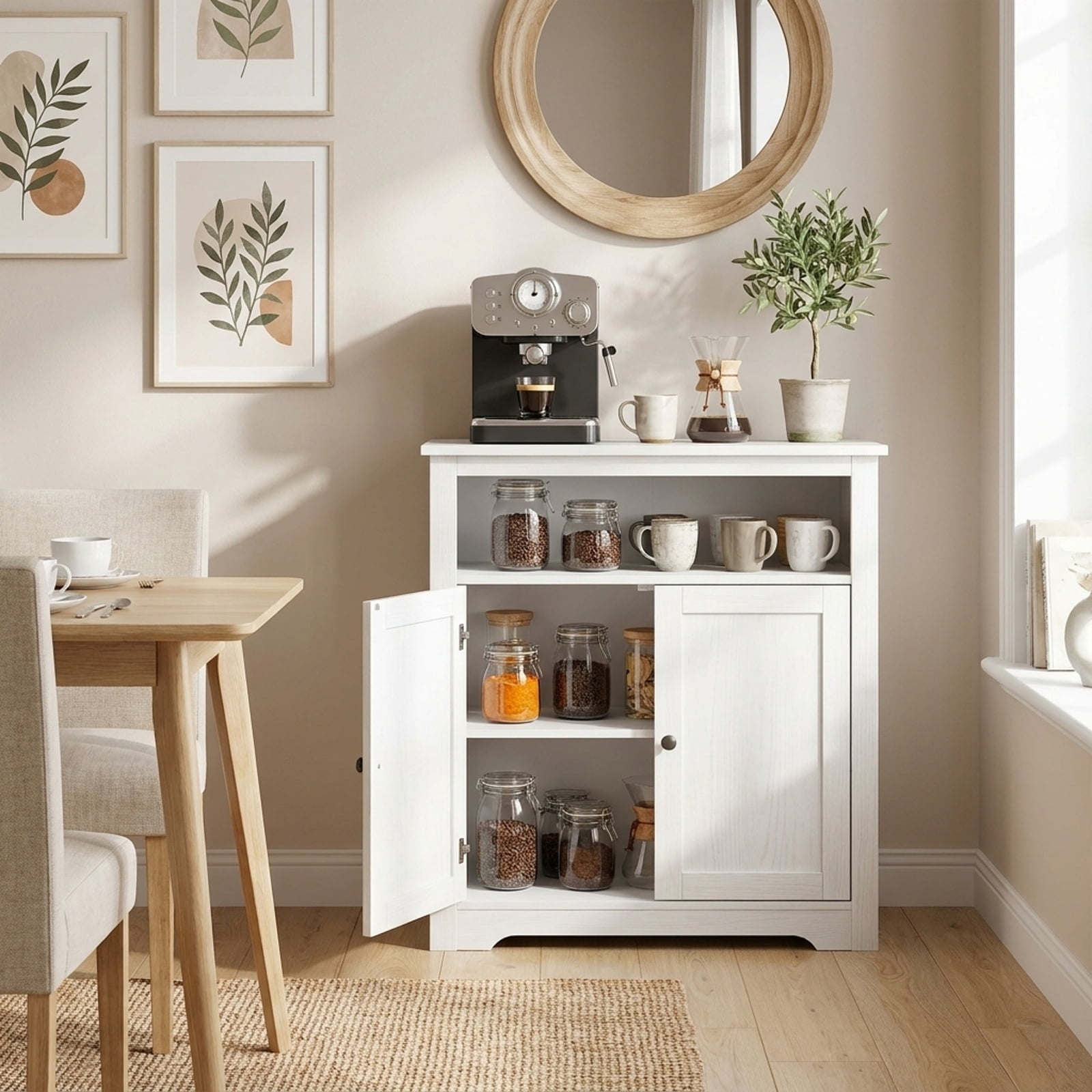 Furnibear 2 Door Accent Storage Cabinet with 3 Tier Shelf and Countertop Buffet Sideboard for Living Room Entryway and Kitchen, White