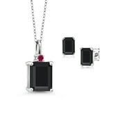 925 Sterling Silver Black Onyx and Red Created Ruby Pendant and Earrings Jewelry Set For Women (4.30 Cttw, Gemstone December Birthstone, Emerald Cut 10X8MM and 6X4MM, with 18 inch Chain)