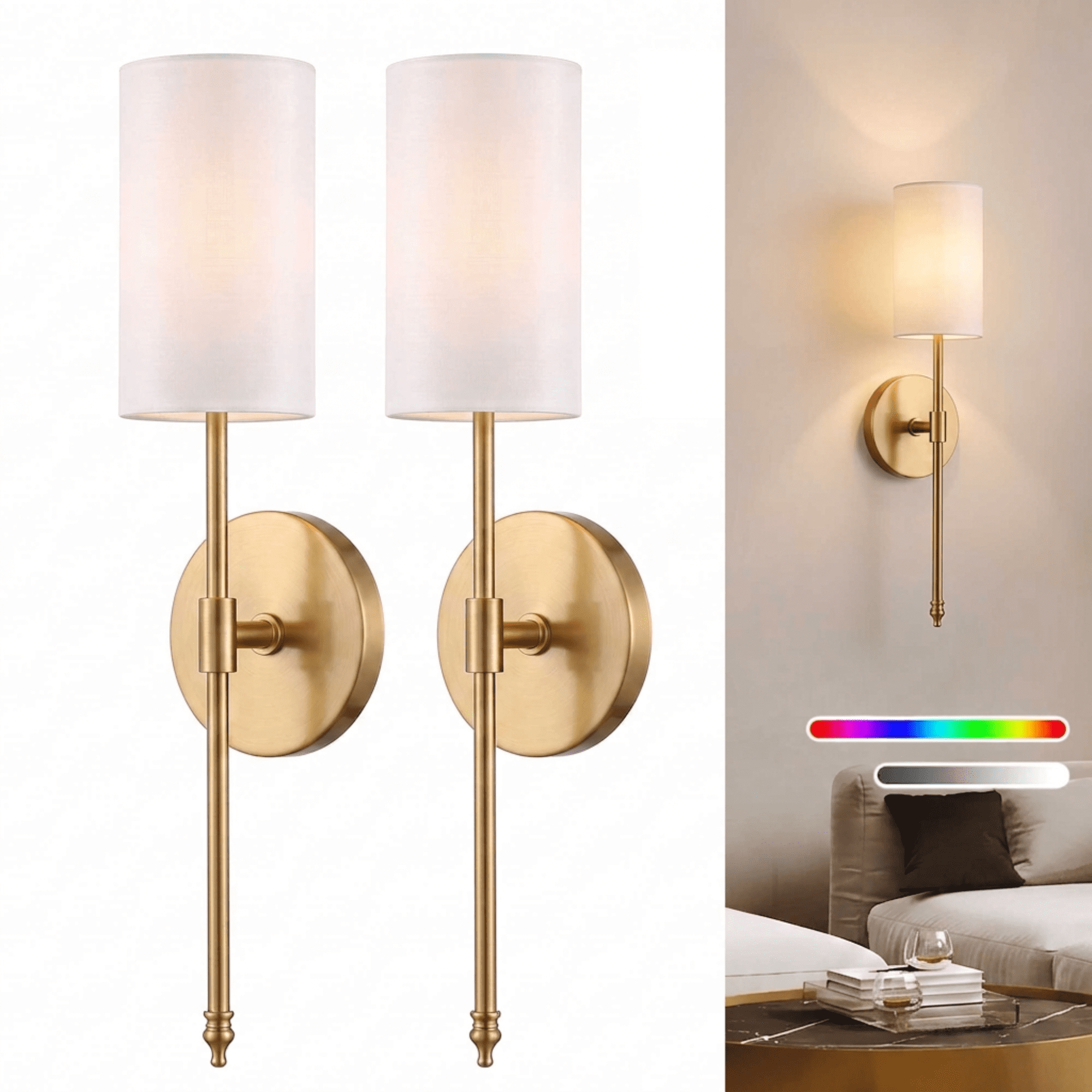 DAYBETTER Wall Sconces 2 Pack, Wireless Wall Lights with Rgb Dimmable Light, 15 Colors & Remote Control, for Bedroom, Living Room, Hallway (Golden)