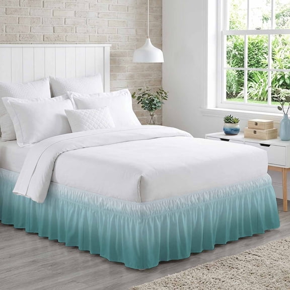 Green Ombre Bed Skirt Queen Size 16" Drop Gradient Gradual Color Adjustable & Elastic Wrap Around Bed Skirts Pleated Dust Ruffles