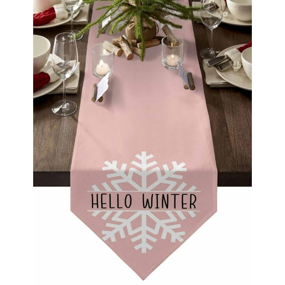 Table Runner Dresser Scarves Christmas Winter Snowflake on Pink Cotton Linen Burlap Table Cover Hello Winter Black Quote Table Runners for Family Kitchen Dining Holiday Party Banquet Decor