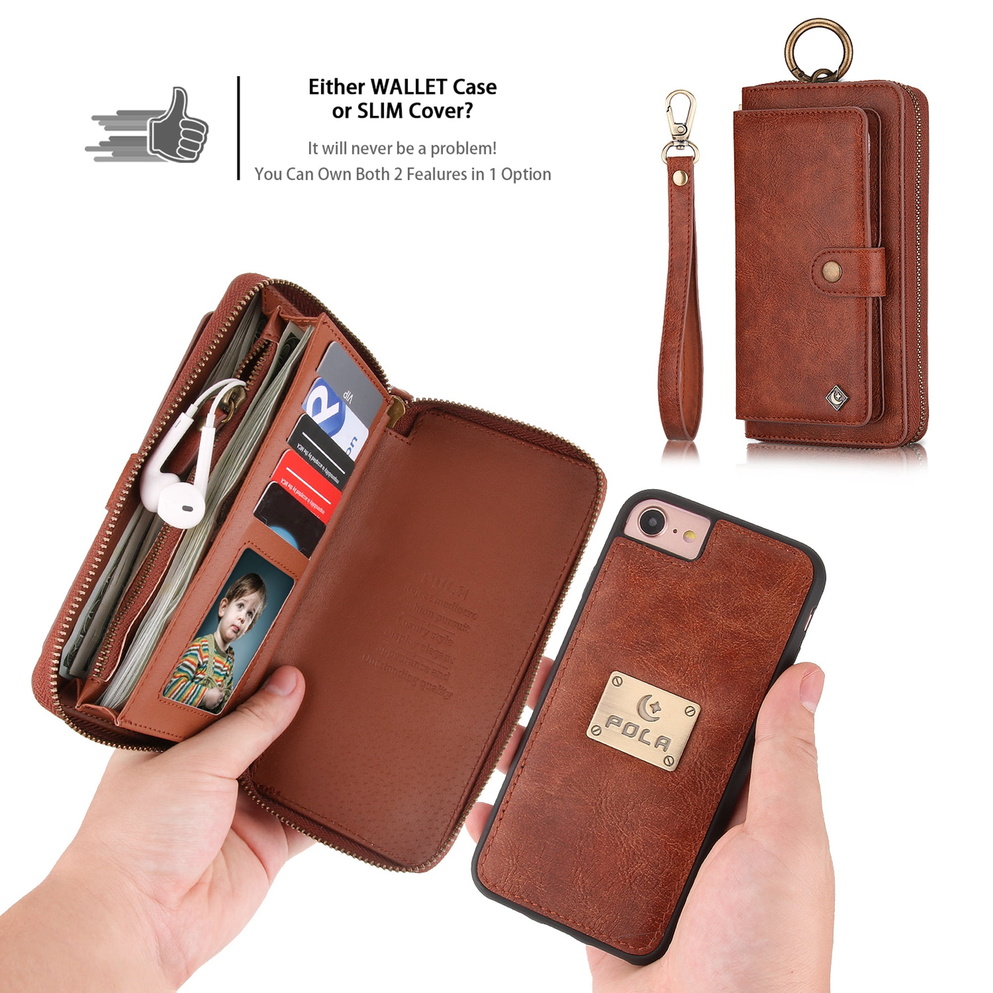 iPhone 8 Wallet Detachable Case, iPhone 7 Case, Dteck [wrist band & metal buckle & 14 Card Slots] Zipper Purse Phone Case Multi-function Folio Flip Weave PU Leather Removable Magnetic Back Cover,Brown