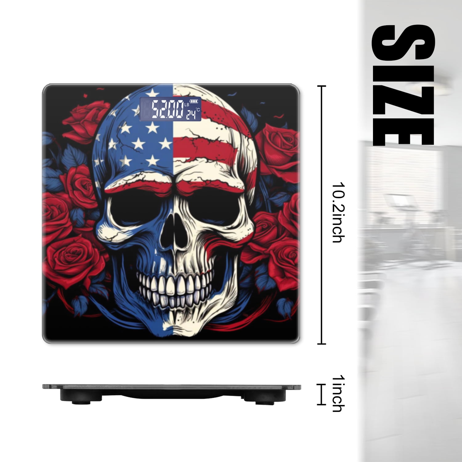 Bathroom Scale, Highly Accurate Digital Body Scale,Precisely Measures Weight up to 400 lbs-American Flag With Skull And Red Flowers