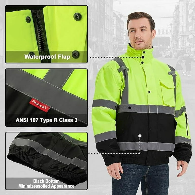 Protectx High Visibility Safety Waterproof Bomber Jacket for Men, Hi Vis Reflective Winter Construction Jacket, Black, Medium, Men's
