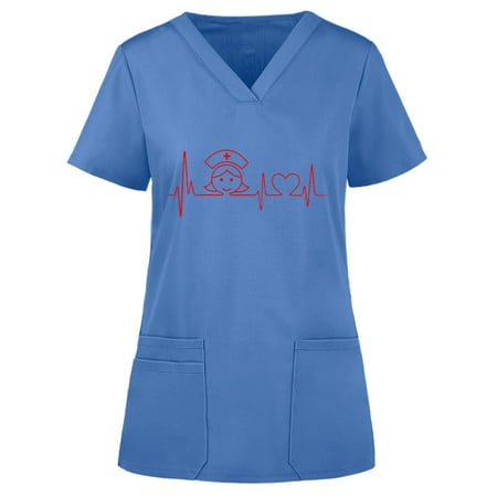 

Scrubs For Women Tops Printed Short Sleeve V-Neck Solid Color Blouse With Pocket Nursing Uniforms For Women