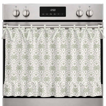 Oven Skirt Curtain Sage Green Palm Trees Oven Curtain with 8 Ribbon Ties & Ruffle Trim Stove Cover Retro Luxury Art Oven Skirts for Stove Dishwasher Cabinet Over Sinks Kitchen Decor 27x20 Inch