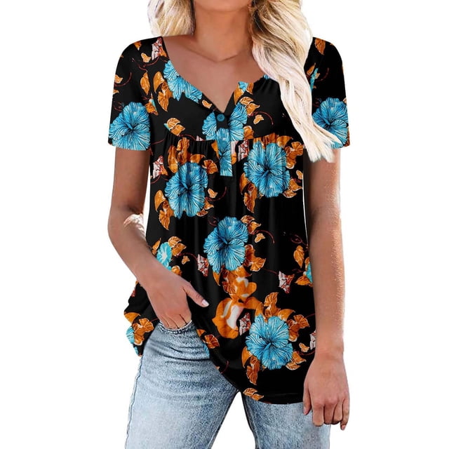 Chemise Légère Rose à Boutons pour Femmes, Robe Graphique en Spandex, Blouses Décontractées pour Femmes, Mode Féminine Décontractée Florale Col en V Boutons Haut à Manches Courtes T-Shirt