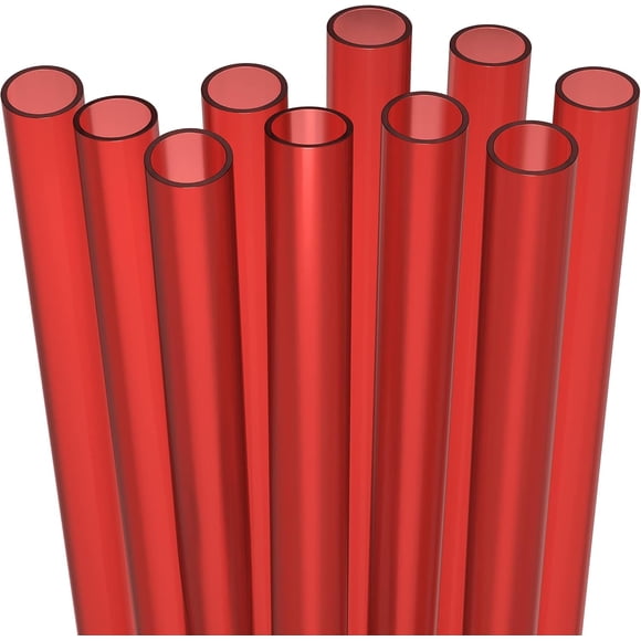 10 EXTRA WIDE Long Reusable Hard Plastic Drinking Straws + Cleaning Brush - Fat Thick Large Jumbo Straws for Smoothies and Milkshakes - Red - Dishwasher Safe BPA Free