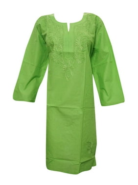Mogul Womans Indian Tunic Caftan Dress Green Embroidered Cotton Kurta XXL