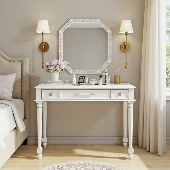 GVN Makeup Vanity Desk,Make Up Table Vanitys Desks,Retro Makeup Desk with Large Mirror, 3-Drawer Dressing Table for Jewelry Storage, White