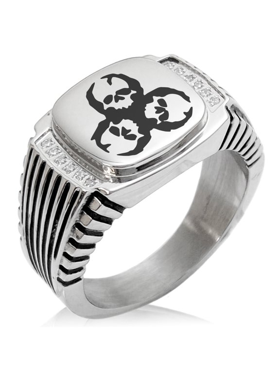 Stainless Steel Zombie Skull Biohazard CZ Ribbed Needle Stripe Pattern Biker Style Polished Ring
