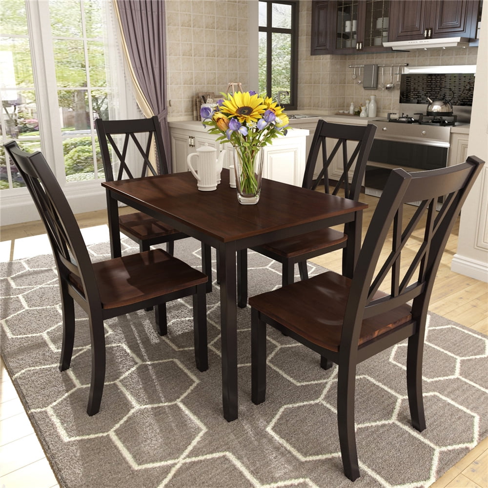 5 Restaurant Set a Dining Table and Four Chairs upholstered in Black Leather PU,Oak 