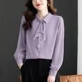 thumbnail image 2 of Olyvenn Fashion Women Bow Neck Chiffon Blouse Long Sleeve Chiffon Solid Tops Elegant Ladies Solid Color OL Style Tops Women Casual Shirts Purple XXXL, 2 of 6