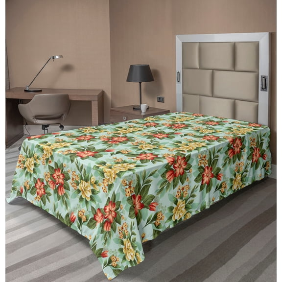 Ambesonne Peony Artwork Flat Bedding Sheet Soft Top Sheet, Bohemian Garden Art, Twin, Vermilion Forest Green