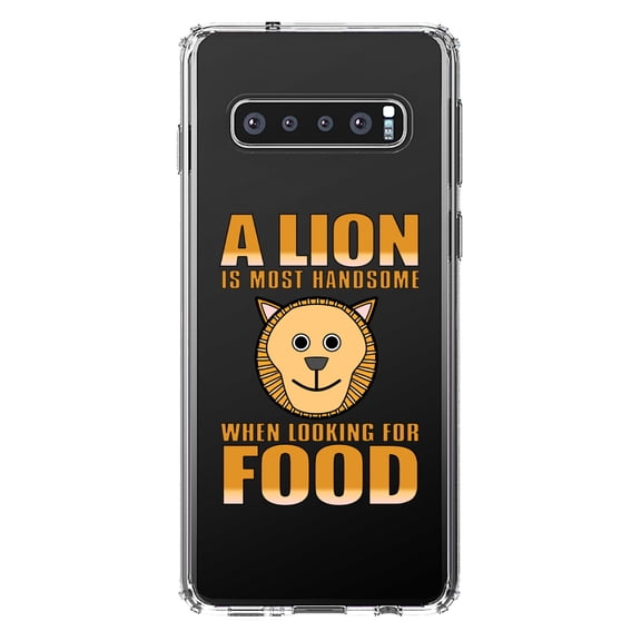 DistinctInk Clear Shockproof Hybrid Case for Samsung Galaxy S10  PLUS (6.4" Screen) - TPU Bumper Acrylic Back Tempered Glass Screen Protector - Lion is Most Handsome When Looking for Food