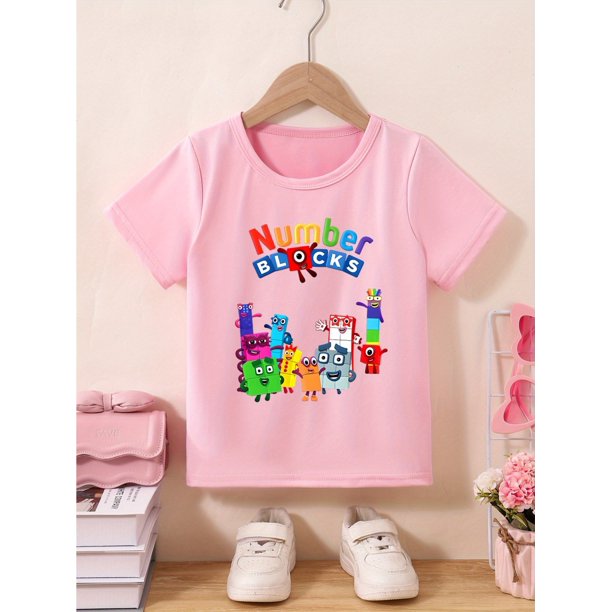 Camiseta con estampado de dibujos animados y números: cómoda, elástica, de manga corta, cuello redondo informal, esencial para el verano, diseño divertido con personajes coloridos, ropa informal de v