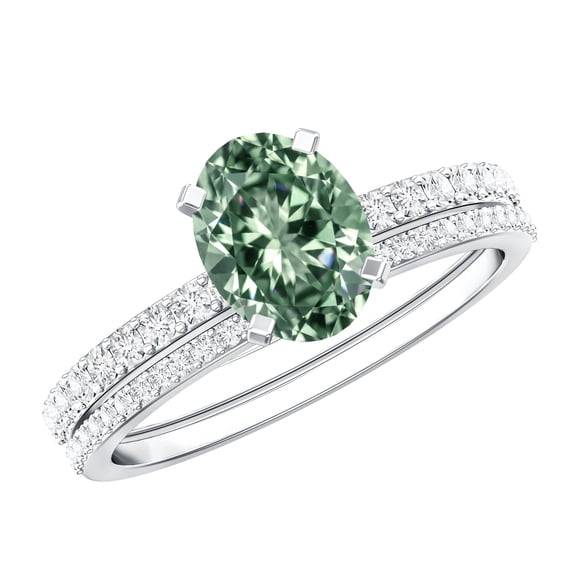 Rosec Jewels IGI Certified Lab Grown Green Diamond Oval Wedding Ring Set - VS1 Quality - 1 Carat Engagement Ring with Band, 925 Sterling Silver, US 4.00