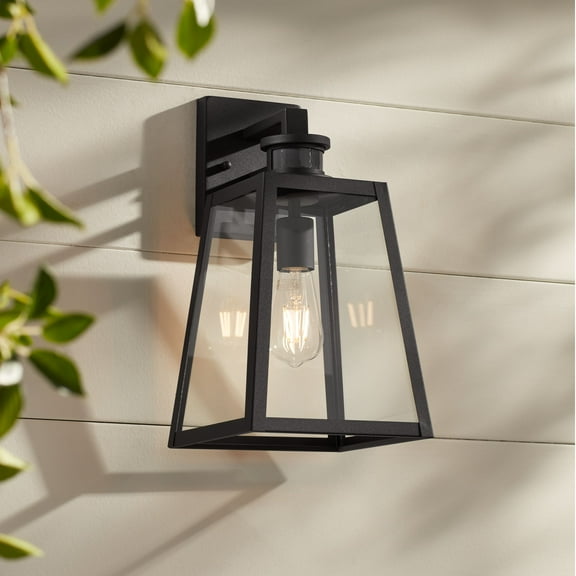John Timberland Arrington Modern Outdoor Wall Light Fixture Black Dusk to Dawn Motion Sensor 14 3/4" Clear Glass for Post Exterior Barn Deck House