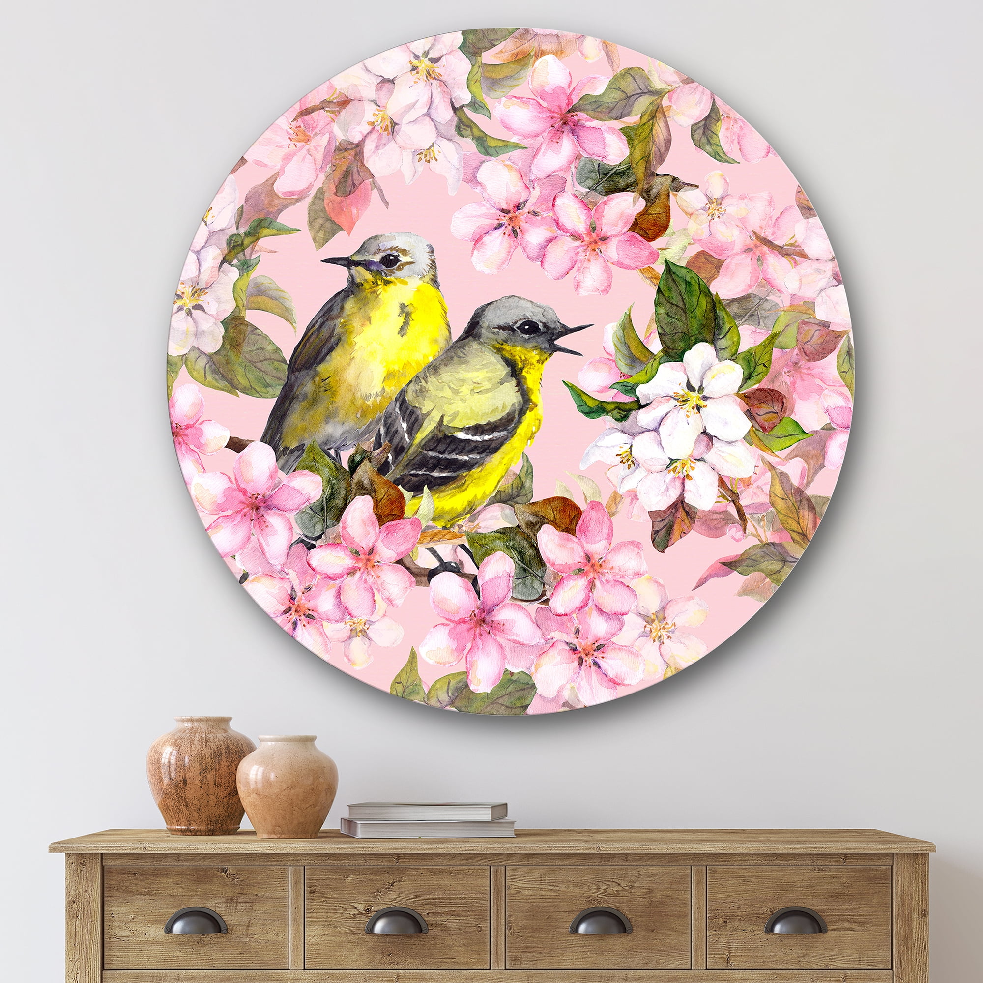 Designart 'Birds On Pink Cherry Sakura and Apple Flowers I' Traditional Circle Metal Wall Art 36x36 - Disc of 36