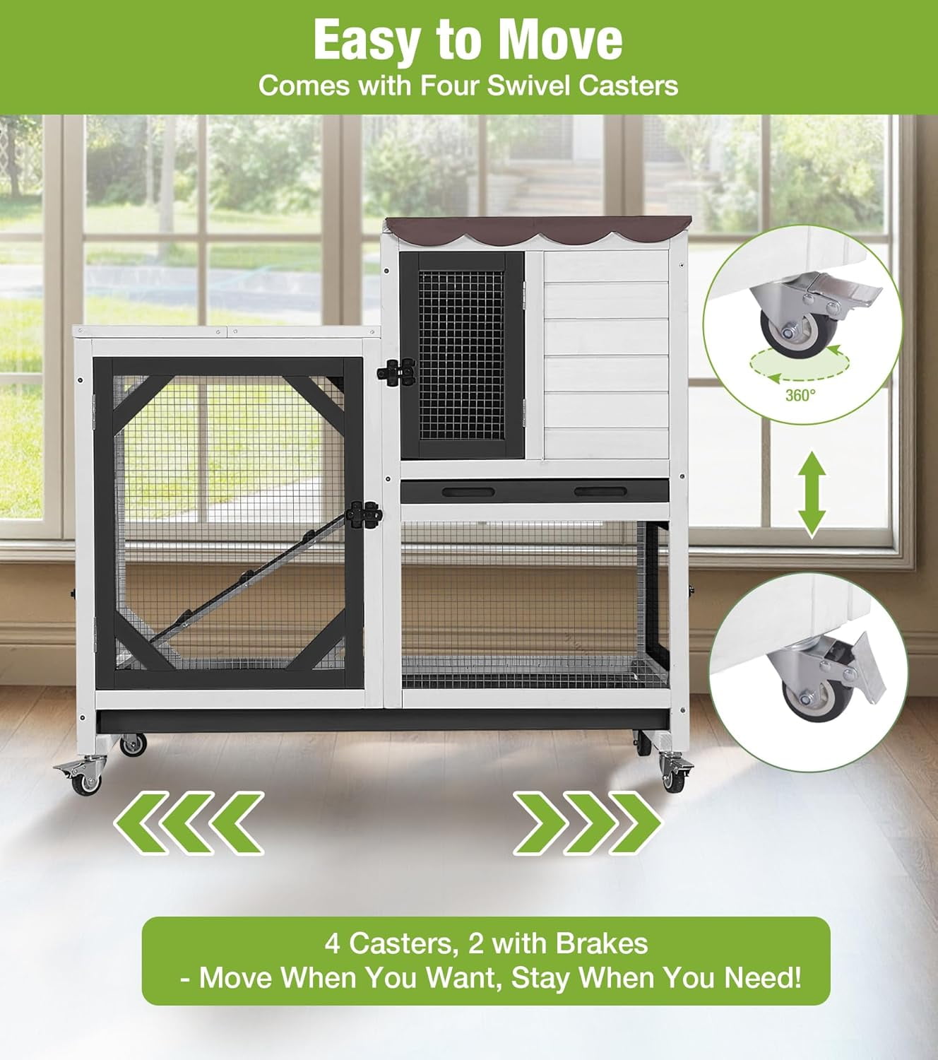 MEDEHOO Duplex Rabbit Hutch Indoor with Chew-Proof Frame & 2 Leak-Proof Sliding Trays, Rain Cover, Wooden Guinea Pig Cages with Wheels - Black and White