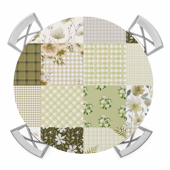 Elastic Fitted Round Tablecloth, Spring Floral Waterproof Stretch Table Cover for 55"-60" Tables, Yellow Flowers Botanical Patchwork Grid Bohemia Washable Outdoor Tablecloths for Patio, Picnic