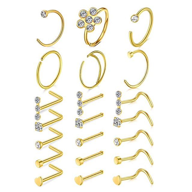 Anillos de nariz de acero inoxidable de 20 g, aro en forma de L, pernos para la nariz, tornillo para la nariz, hueso dorado para mujeres y hombres, juego de pernos para la nariz, anillo para la nariz,