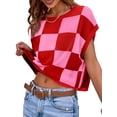 thumbnail image 3 of Color Block Plaid Print Cap Sleeve Women Casual Knit Sweater Vest Crop Tops, 3 of 6