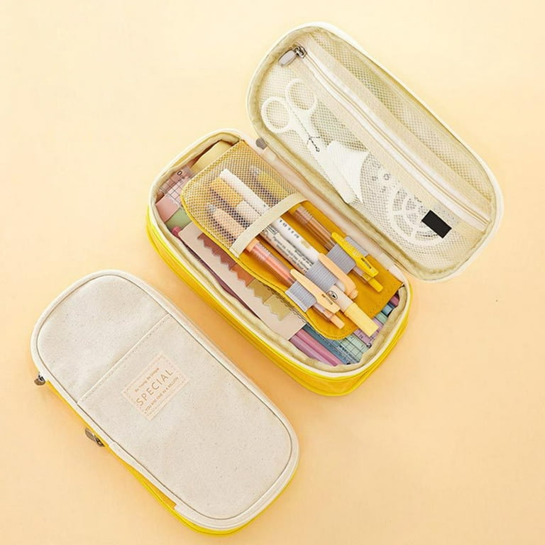 Minimalist Style Pencil Bag Large Capacity Canvas Classic Pocket Pen Pencil  Case for School Beige Canvas 