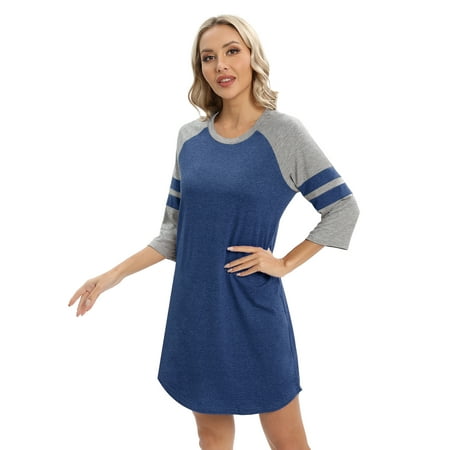 

Xmarks Nightgown 3/4 Sleeve for Women Sleepwear Crew Neck Loungewear Aboce The Knee Length Nightshirt Blue S-2XL