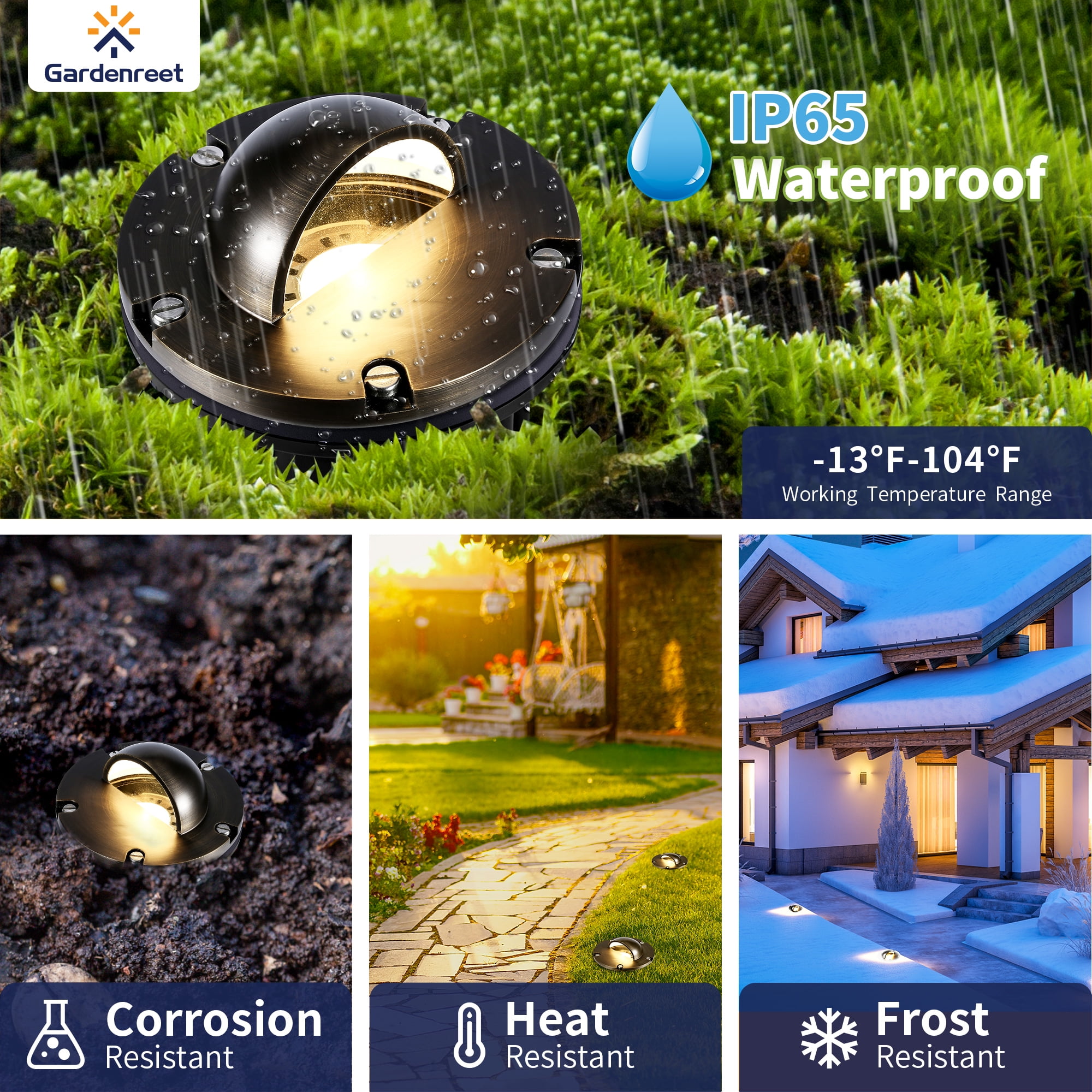 Gardenreet Brass Led Well Lights Low Voltage Outdoor, 12V Low Voltage Landscape Yard Lights with 5W MR16 LED Bulb 2700K Warm White(Beacon Top) 8 Pack