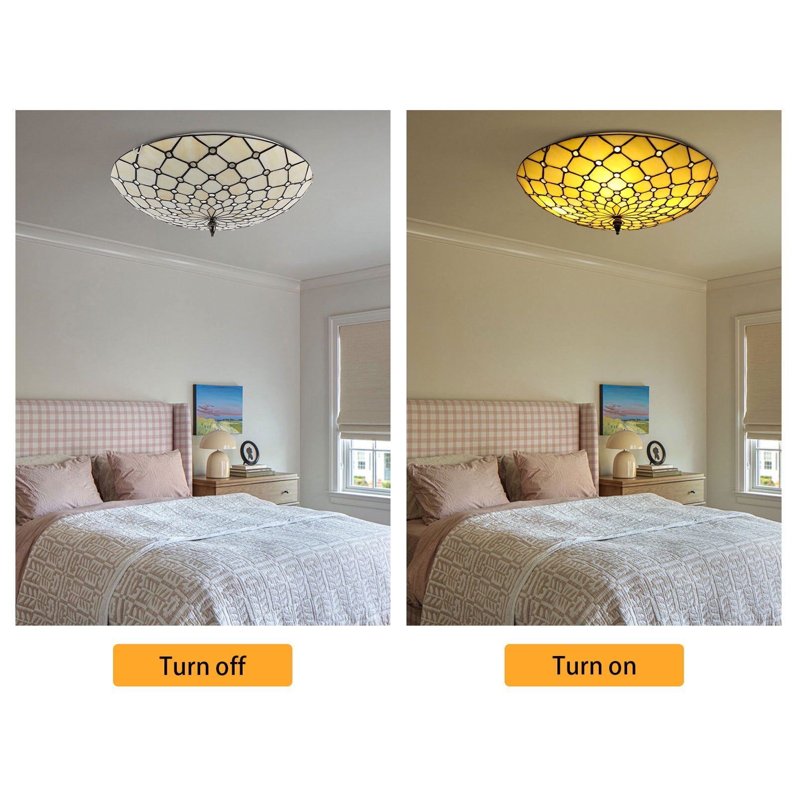 4-Light Classic Ceiling Light Flush Mount Wide Stained Glass Ceiling Light 110V