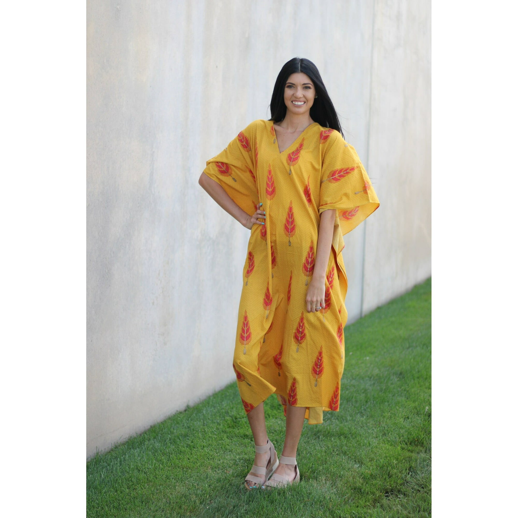 Kaftanbuzz Yellow Mustard Kaftan Dresses For Women Plus Size Loungewear Caftan With Pockets Cotton 55 Inches