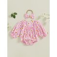 thumbnail image 2 of aturustex Infant Baby Girl 2 Piece Casual Outfits0-18M Newborn Ruffle Sleeve Romper Daisy Print Frill Trim Bodysuits Bow Headband Toddler Little Girls Fashion Cute Comfy Soft Spring Fall Clothes Set, 2 of 6