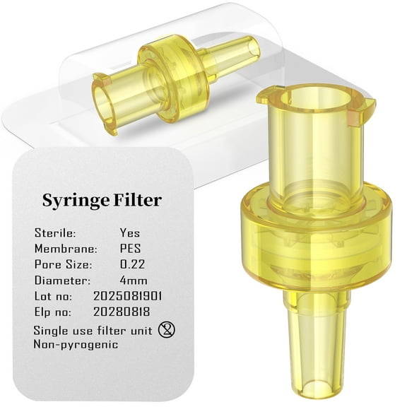 Sterile Hydrophilic Lab Filters,PES Membrane 0.22μm Pore Size,4mm Diameter,Yellow Individually Packed,Printed with the date,10pcs