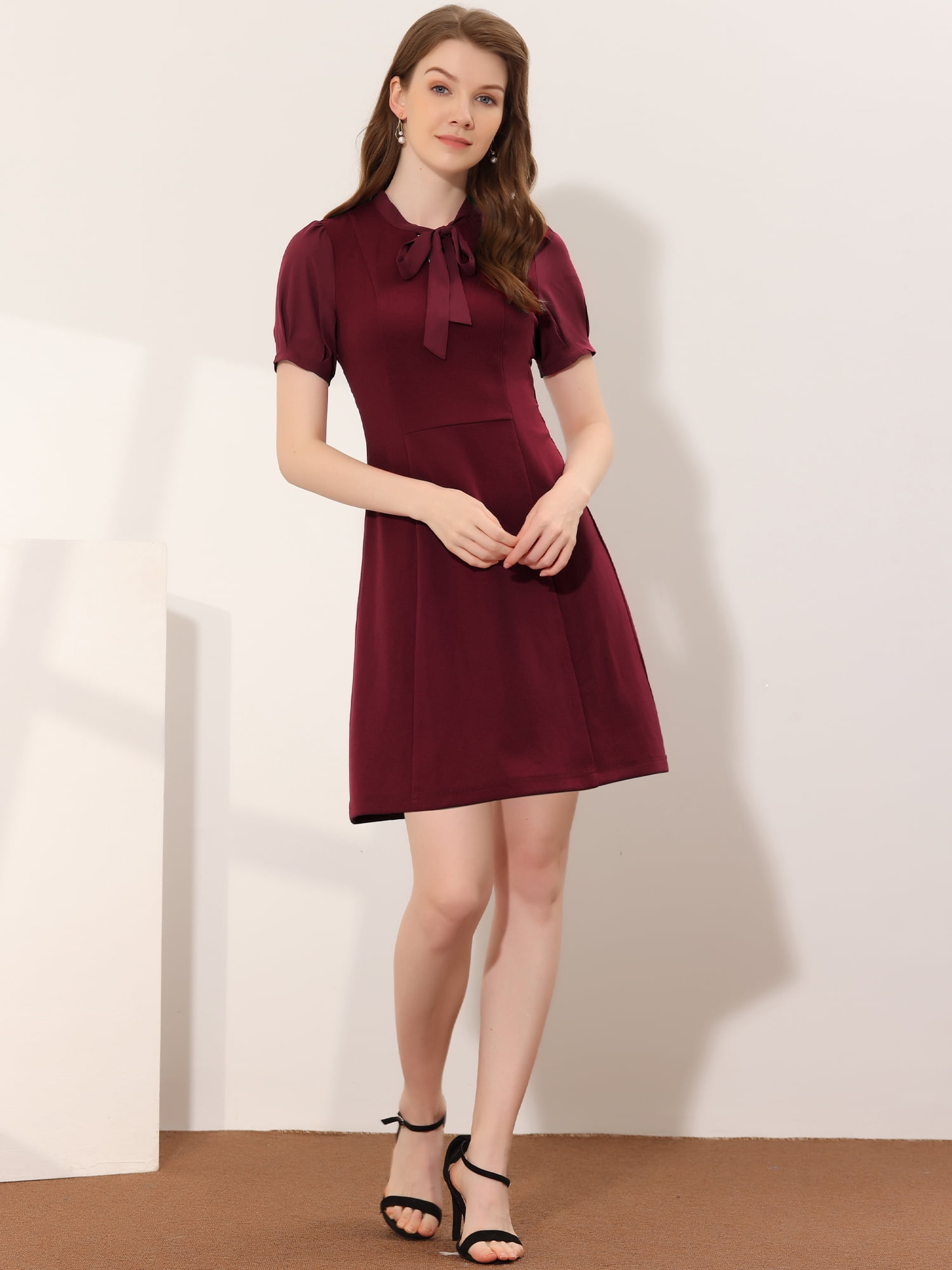 DARING DIVA Women's Tie Neck Puff Short Sleeve Office Work Dress L Burgundy