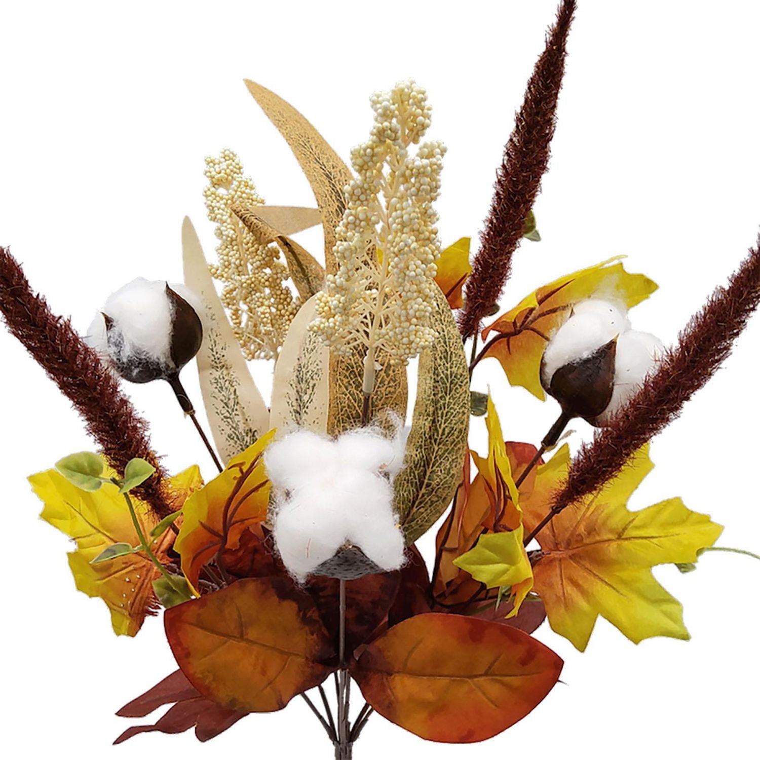 Piliers Buisson floral artificiel intérieur, érable et coton de couleur jaune, hauteur assemblée 45.5cm Érable artificiel et buisson de coton