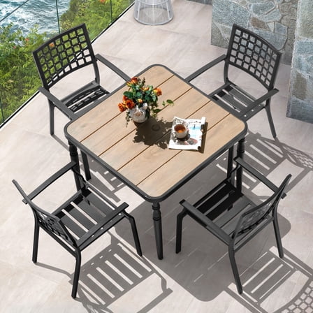 Nuu Garden Outdoor Patio Dining Set with Wood-Grain Tabletop, All Weather 5-Piece Dining Table Set with Umbrella Hole & Metal Frame, Outdoor Furniture Patio Table and Chairs Set for Outside, Black