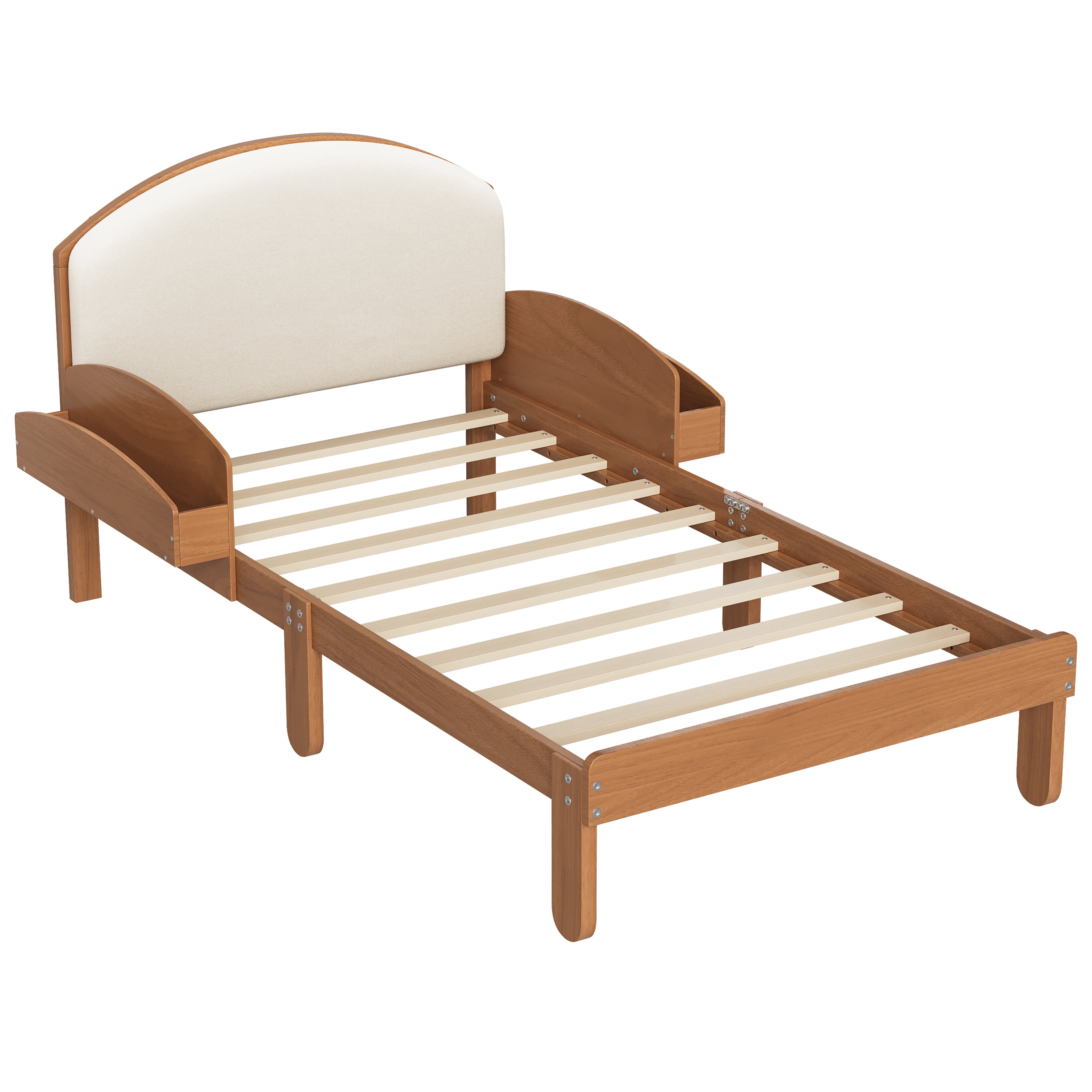 Euroco Twin Size Platform Bed with Upholstery Headboard, Wood Bed Frame with Storage Shelves, No Box Spring Needed, Light Walnut