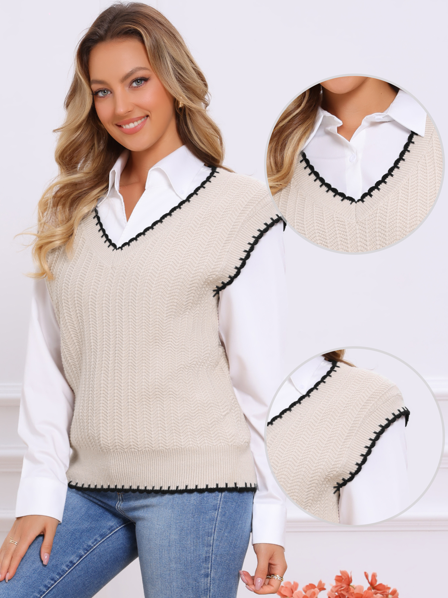 DARING DIVA V Neck Sweater Vest Fall Winter Pullover Tops L Khaki