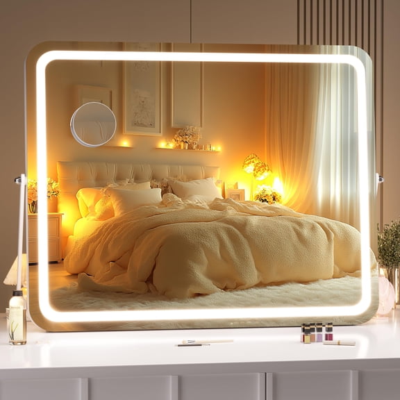 Hasipu 20" x 16" LED Vanity Mirror with 5X Magnifying Glass - White Rectangle Makeup Mirror with 3 Light Modes, Touch Control, Dimmable, 360° Rotation