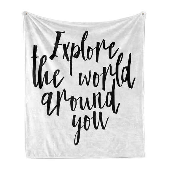Saying Soft Flannel Fleece Throw Blanket, Explore the World Around You Cursive Typography Pattern on Plain Background, Cozy Plush for Indoor and Outdoor Use, 50" x 60", Charcoal Grey, by Ambesonne