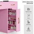 thumbnail image 5 of Paddie Manicure Table, Nail Table Station Glass Top Nail Desk Acetone Resistant w/Dust Collector, Storage Drawers & Open Shelves, Nail Beauty Workstation for Nail Tech w/Wrist Cushion(Pink), 5 of 9