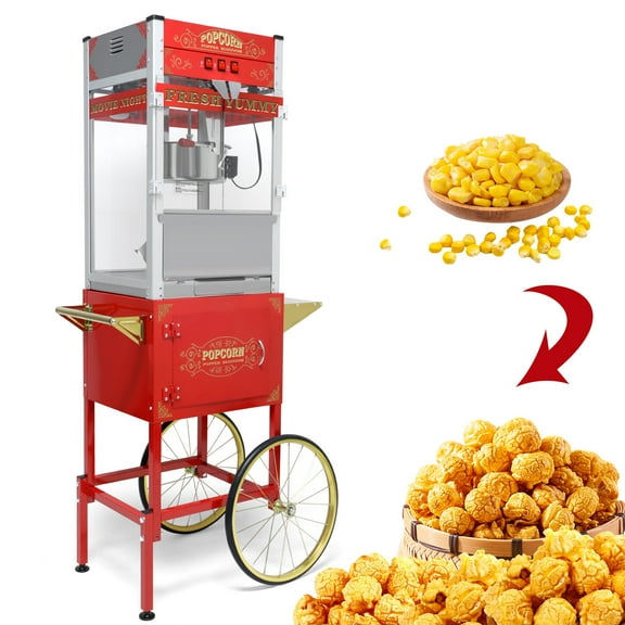 Holaki 20Oz Popcorn Machine with Cart, Commercial Popcorn Maker Machine with Stainless-Steel Kettle, 3-Switch Control, Warming Deck, 1440W Popcorn Popper for Parties Home Theater, 100 Cups, Red